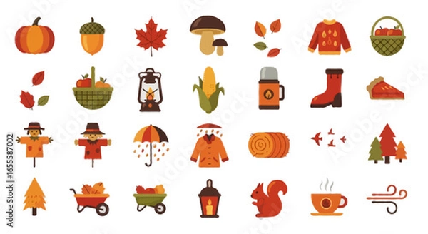 Fototapeta Vector Fall icons set | Include pumpkin, acorn, maple leaf, mushroom, warm sweater, falling leaves, basket of apples, lantern, corn cob, thermos, boots, campfire, scarecrow, pie slice, raincoat