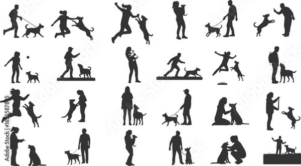 Fototapeta Group of People of All Ages with Dogs – Silhouette Vector Set