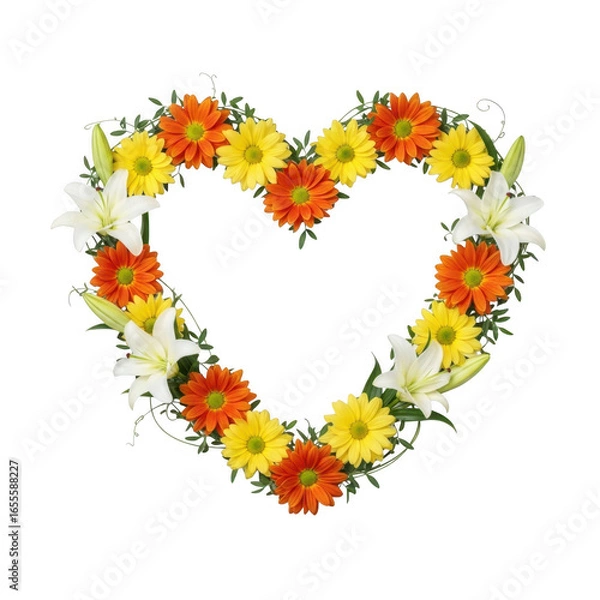 Obraz Colorful heartshaped floral wreath with daisies, lilies isolated on transparent background