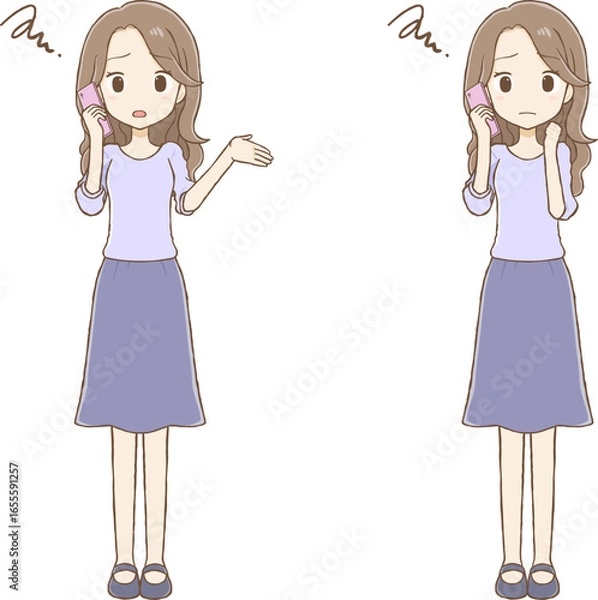 Fototapeta Long-haired woman talking on mobile phone with troubled face (full body)