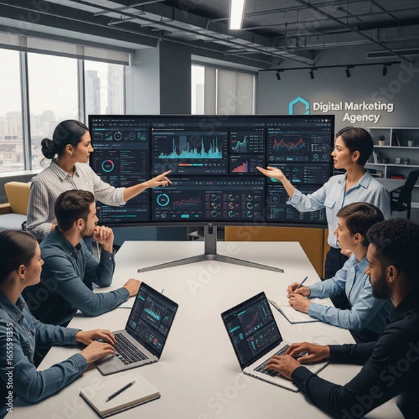 Obraz Digital marketing team analyzing data with big screen