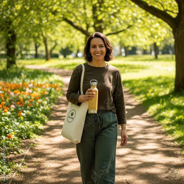 Obraz Eco-friendly lifestyle with reusable bottle.