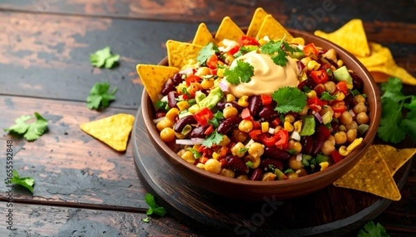 Fototapeta Bowl of vibrant bean salad with tortilla chips and a creamy dressing, garnished with cilantro