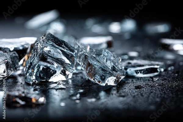 Fototapeta Shattered ice cubes on dark surface