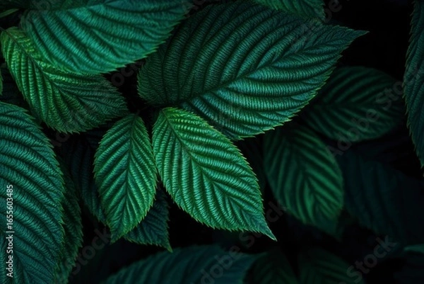 Fototapeta Closeup of textured dark green leaves with defined veins and serrated edges forming a dense natural arrangement