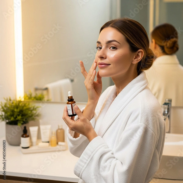 Obraz Woman doing skincare routine in bathroom