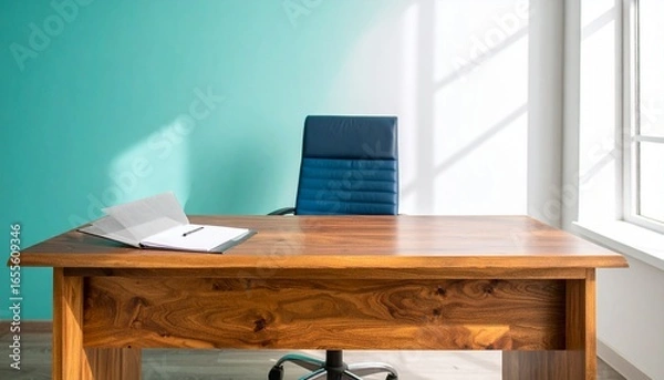 Fototapeta Modern Home Office Desk with Chair and Window Light - Clean and Professional Workspace