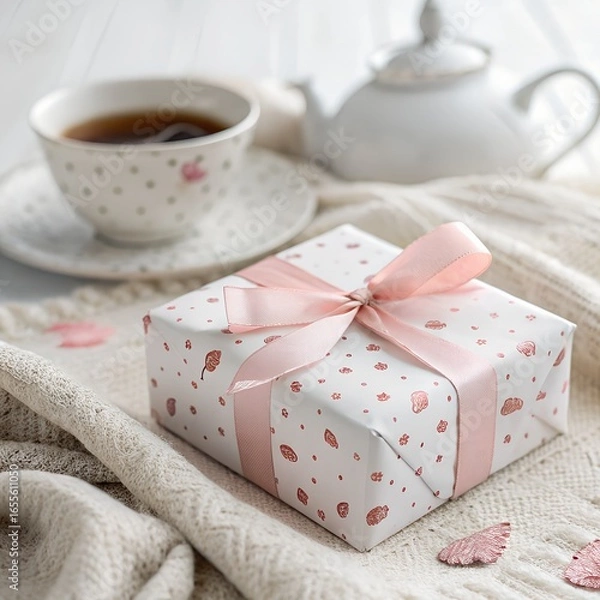 Fototapeta A beautifully wrapped gift box with a pink ribbon and bow, placed next to a cup of tea and a teapot on a soft, textured blanket, evoking a sense of warmth and comfort