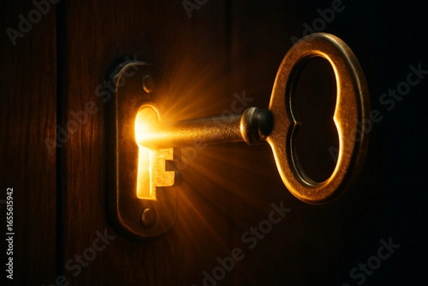 Fototapeta Glowing Key Unlocking Door with Warm Light in Dark Space Symbolizing New Opportunities and Hidden Secrets