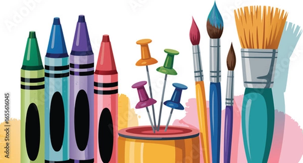 Fototapeta Illustration of Colorful Crayons, Paintbrushes, and Pushpins in a Pot for Creative Projects