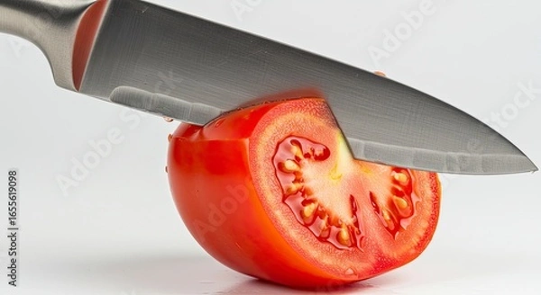 Fototapeta Slicing Fresh Tomato: Sharp Knife Cuts Juicy Red Fruit on White Background