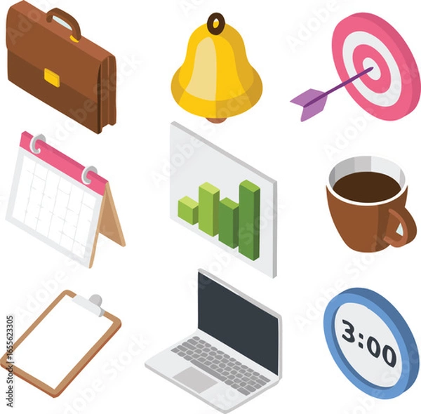 Fototapeta Isometric Office Essentials Briefcase, Notification Bell, Target, Calendar, Bar Graph, Coffee, Laptop, Clock, Clipboard