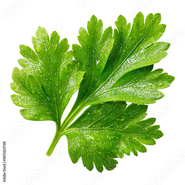 Fototapeta A single sprig of fresh parsley with water droplets against a plain backdrop isolated on transparent background