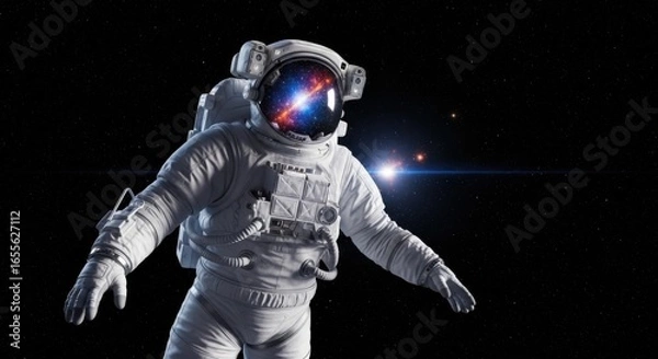Obraz Astronaut in White Suit Floating in Space with Starry Background and Bright Light