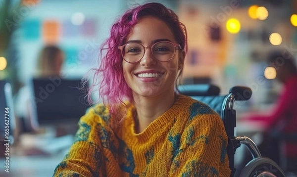 Fototapeta Happy disabled lesbian woman in a wheelchair working with a diverse team of colleagues in a creative and inclusive office. Homosexual woman with disability and cropped pink hair, Generative AI