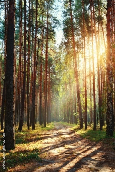 Fototapeta Sunlit path through a pine forest