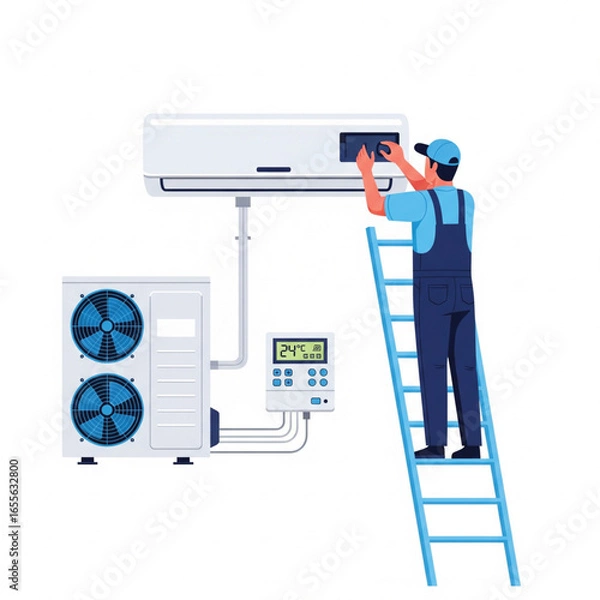 Fototapeta Air Conditioner Repair or Installation Illustration with Unit Breakdown, Maintenance Service, Cooling System in Flat Style Cartoon Concept