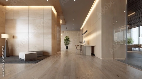 Fototapeta Modern Minimalist Interior Design Featuring Light Wood Accents and Contemporary Furniture in a Bright Space