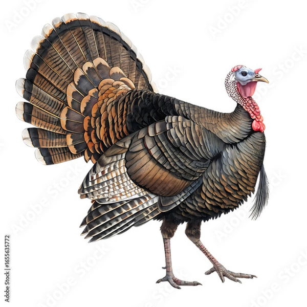 Fototapeta Majestic male turkey strutting with fanned tail feathers displaying vibrant colors and detailed plumage transparent background