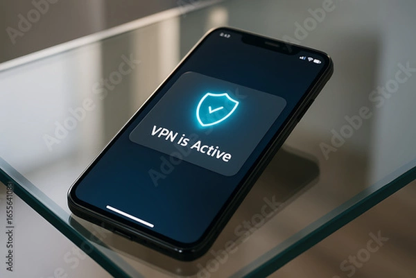 Fototapeta Smartphone Displaying "VPN Is Active" with a Shield Logo