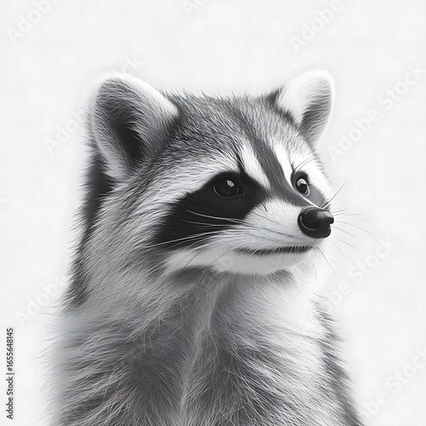Fototapeta Detailed portrait of a raccoon in grayscale.