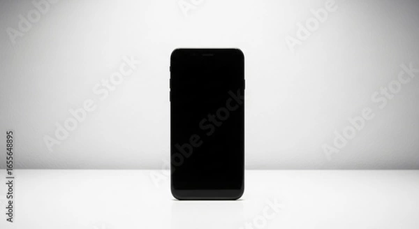 Fototapeta Sleek black smartphone centered on white surface, modern design
