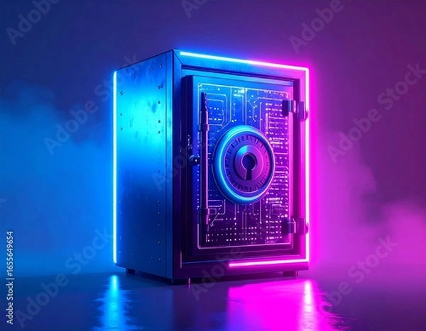 Fototapeta Futuristic safe with neon glow, reflecting on a dark surface