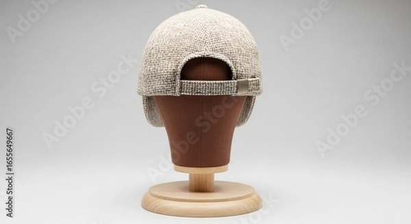 Fototapeta Tweed flat cap with ear flaps, adjustable strap, on stand