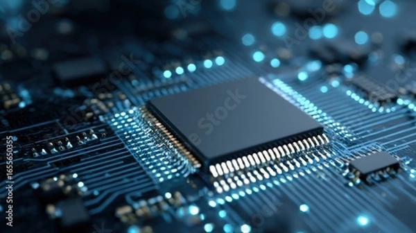 Fototapeta A detailed close-up displays a microchip placed on a circuit board. Bright blue lights illuminate the connections, highlighting the complexity of electronic components in a modern technology setting.