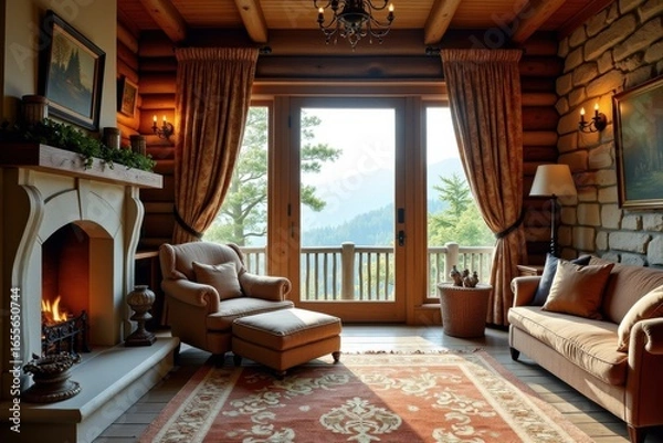 Fototapeta Cozy Log Cabin Living Room with Fireplace and Mountain View