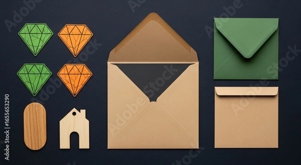Fototapeta Modern stationery flat lay with envelopes and gem shapes