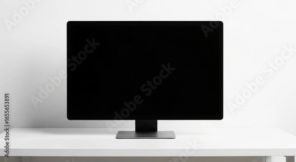 Fototapeta Modern desktop computer on white desk, empty screen, clean workspace