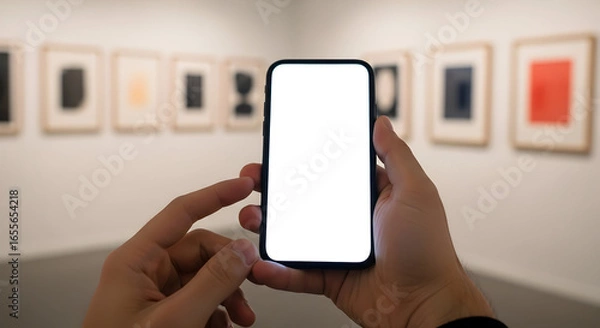 Fototapeta Blank Smartphone Screen in Art Gallery Modern Museum Exhibit Mobile Phone Mockup Technology App Design