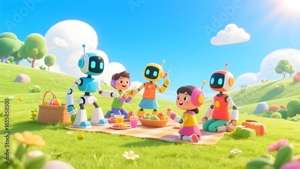 Fototapeta Animated characters, including robots and children, enjoying a picnic on a sunny day in a vibrant, colorful landscape.