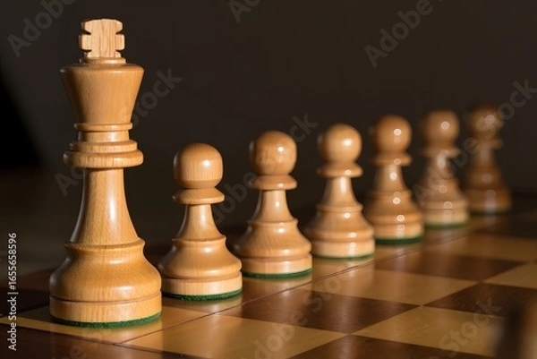 Fototapeta focus One chess pieces staying against full set of chess pieces. Strategy, Planning and Decision concept