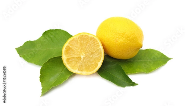 Fototapeta Fresh lemons with green leaves