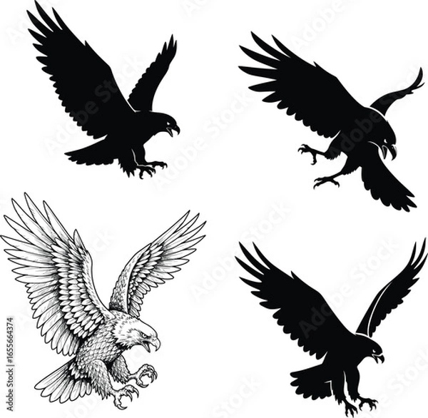 Obraz Eagle Black And White, Vector Template Set for Cutting and Printing