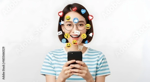 Fototapeta Young woman using smartphone with social media emojis augmented reality filter app concept