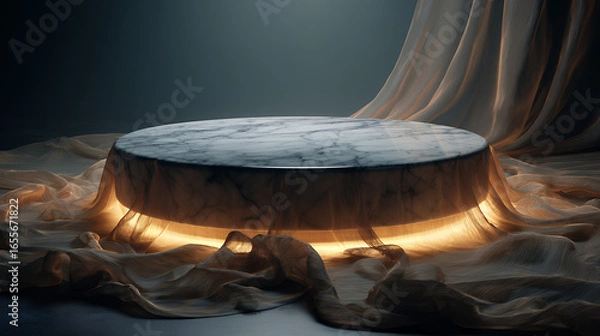 Obraz stepped marble podium, circular marble podium, luxury product display, flowing silk fabric, warm soft lighting, product mockup background