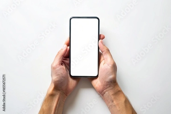 Fototapeta A person is holding a cell phone with a white screen