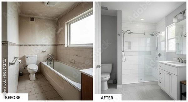 Fototapeta A before and after comparison of a bathroom renovation, showcasing a bathtub and shower area with white tiles and modern fixtures.
