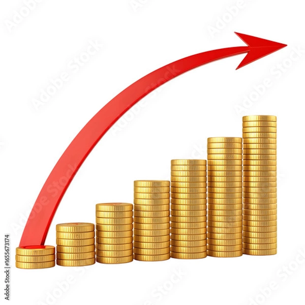 Obraz Rising arrow graph over stacks of gold coins isolated on transparent background