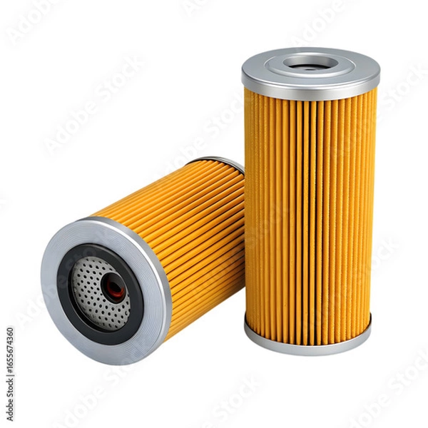 Fototapeta Two cylindrical oil filters with orange pleated paper isolated on transparent background