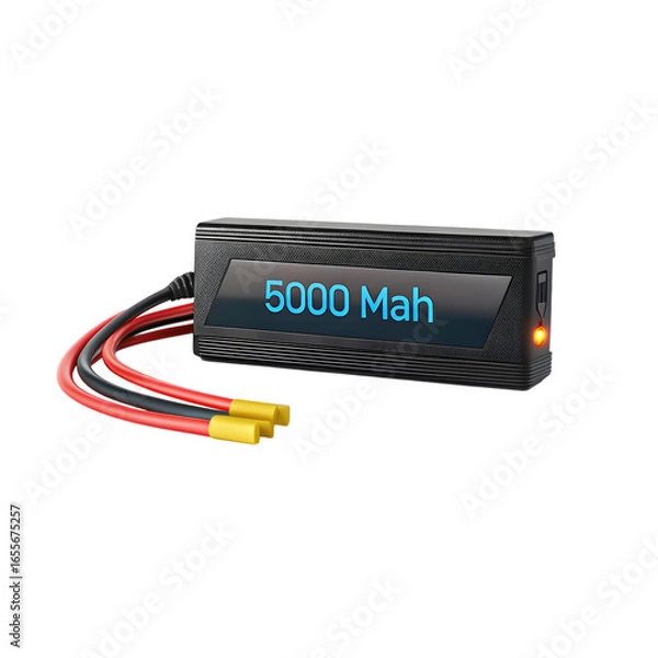 Obraz High capacity 6000mah lithium polymer battery pack with wires isolated on transparent background