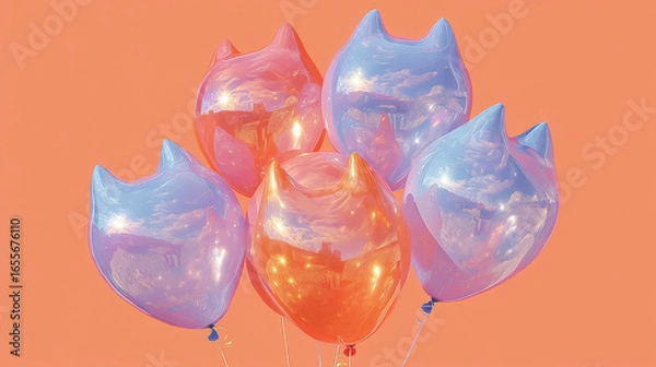 Fototapeta Colorful balloons shaped like cat heads float against vibrant sunset background, creating