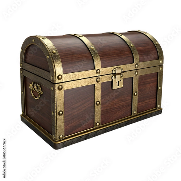 Obraz Antique wooden treasure chest with ornate metal details isolated on transparent background