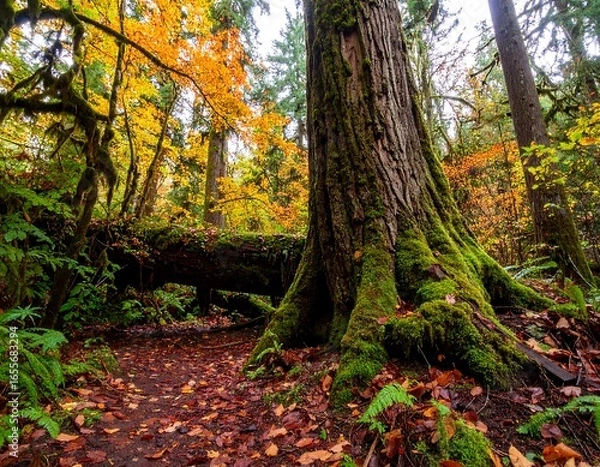 Fototapeta Moss-covered tree roots and fallen log in autumnal forest