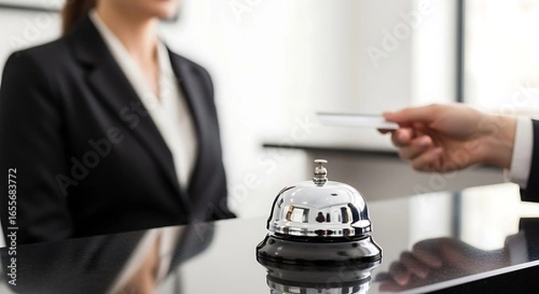 Fototapeta Hospitality service concept with a guest making a payment by card at the hotel reception desk during check-in