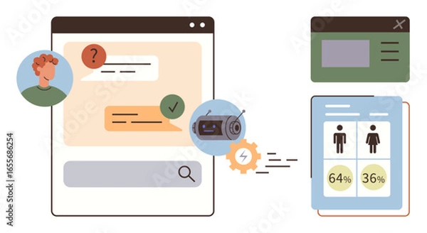 Obraz Chat interface with bot, user avatar, search field, process animation, and gender data stats. Ideal for technology, AI, user interaction, analytics automation workflow simple flat metaphor