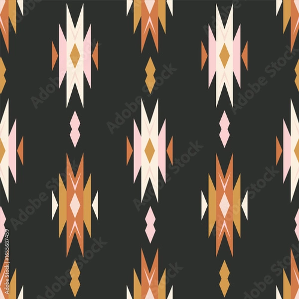 Fototapeta Hand painted geometric motif as an ethnic Indian pattern in colors of off white, yellow, pink and orange on black background. Bohemian seamless vector pattern. Great for home decor, fabric, wallpaper.